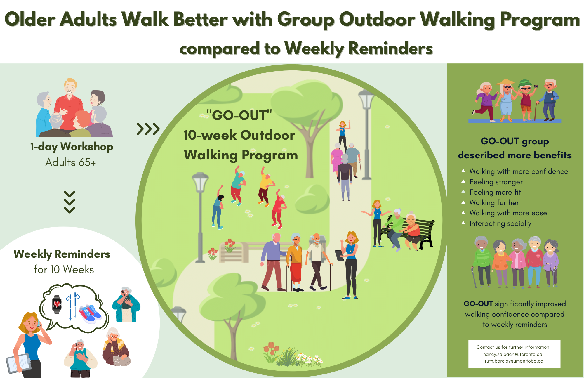 ”Older Adults Walk Better with Group Outdoor Walking Program compared to Weekly Reminders” is shown above an infographic. “1-day Workshop, Adults 65+” is shown underneath a group of older adults talking. “Weekly Reminders for 10 Weeks” is shown above an instructor telephoning 3 older adults. “GO-OUT 10-week Outdoor Walking Program” is shown within a park in which an instructor is leading a group of older adults through warm-up and walking.